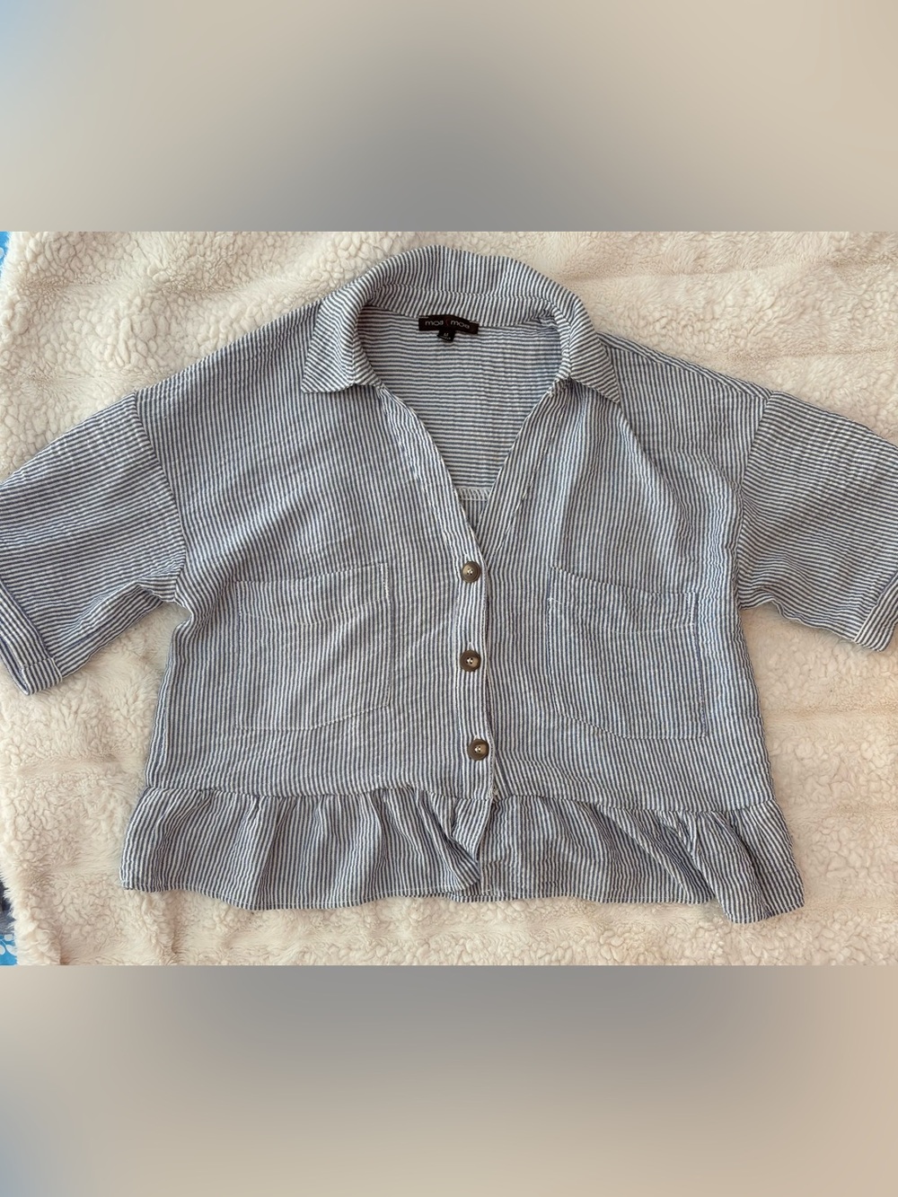 Moa Moa Navy and White Striped Button-Front Peplum Shirt